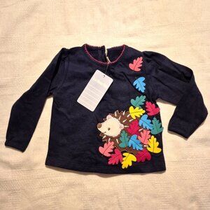 Jojo Maman Bébé girls size 6 -12 months navy hedgehog with leaves shirt, nwt